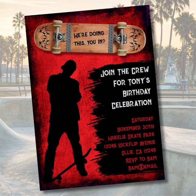 Cartes d'invitation pour une fête d'anniversaire d (Grunge Skateboarding Birthday Party Invitations)