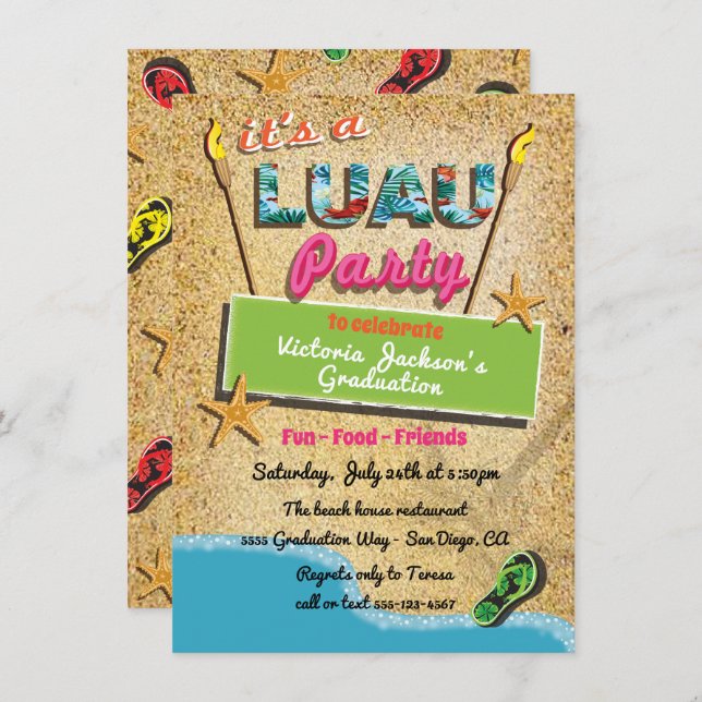Cartes d'invitation pour une fête de luau sur une  (Devant / Derrière)