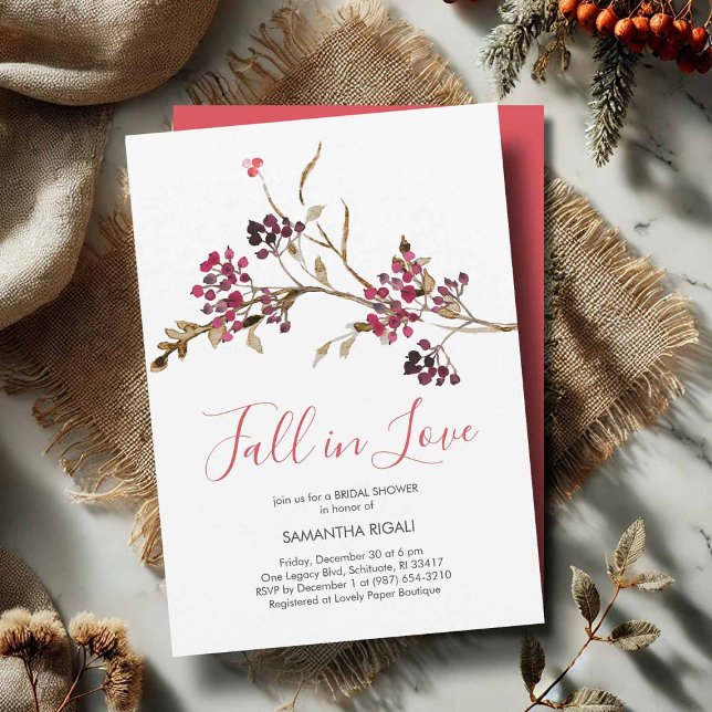 Cartes d'invitation pour une fête de mariage Tombe (Fall in Love bridal shower invitation featuring rustic watercolor red and burgundy botanicals)