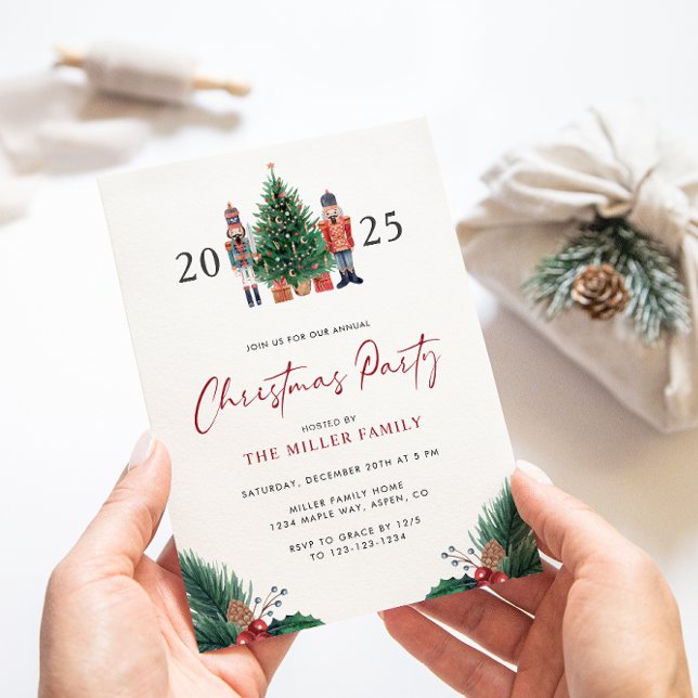 Cartes d'invitation pour une fête de Noël à motif  (2025 Nutcracker Watercolor Botanical Christmas Party Invitations by Painted Paperie
)