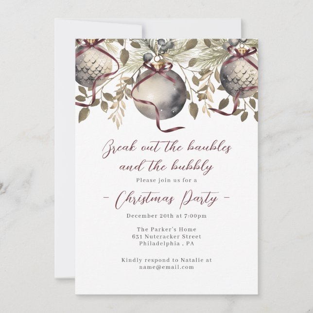 Cartes d'invitation pour une fête de Noël Baubles  (Devant)
