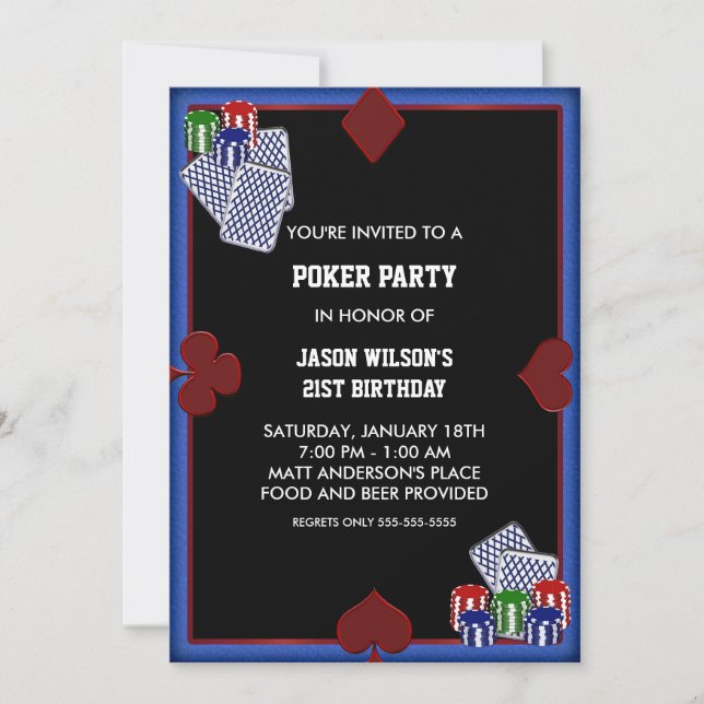 Cartes d'invitation pour une fête de poker d'anniv (Devant)