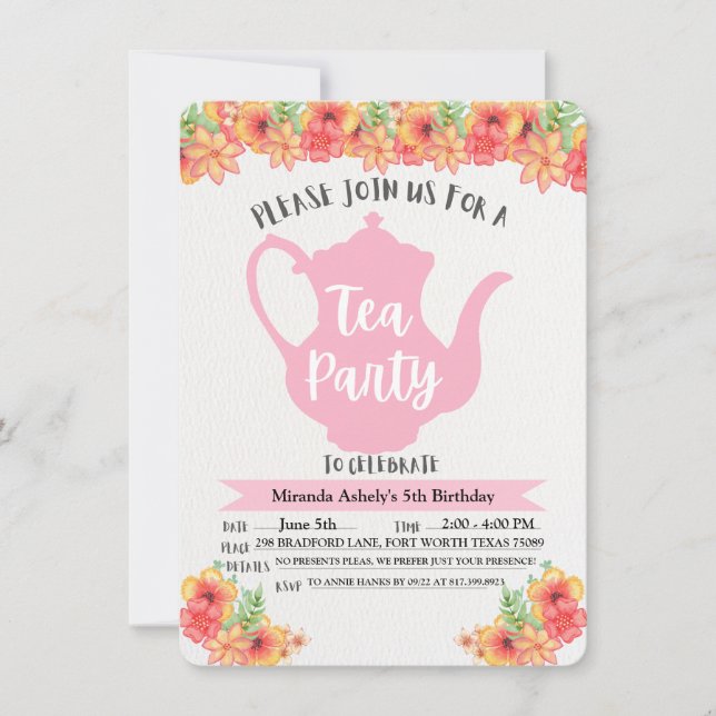 Cartes d'invitation pour une fête de thé pour fill (Devant)
