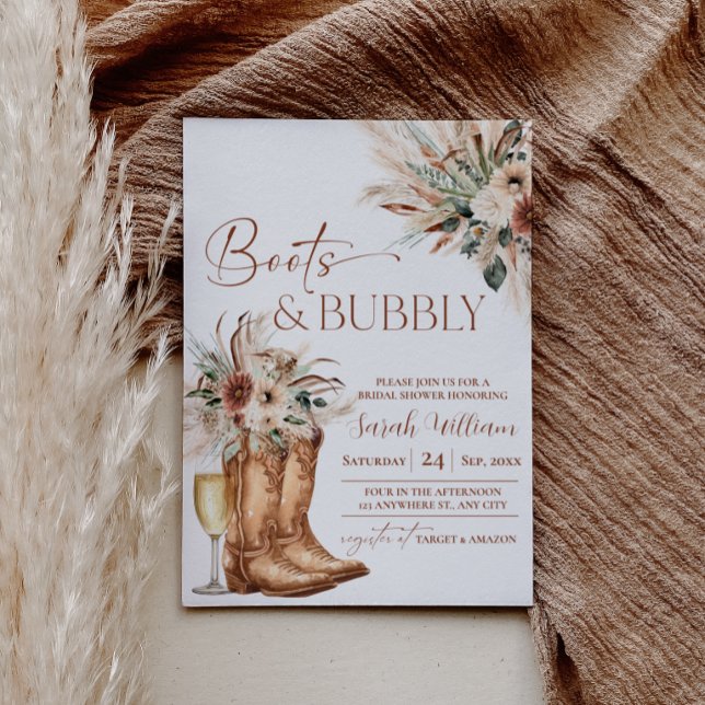 Cartes d'invitation pour une fête prénuptiale : Bo (Boots and Bubbly Bridal Shower Invitation | Rustic Western Boho Terracotta Invite)