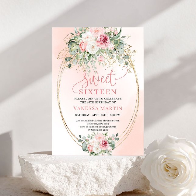 Cartes d'invitation pour une fête Sweet 16 de la P (Floral Princess Blush Gold Sweet 16 Party Invitation)