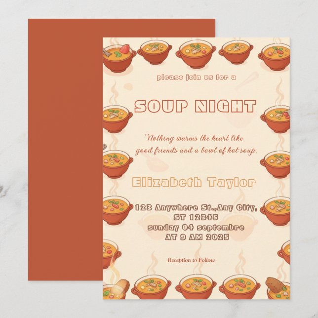 Cartes d'invitation pour une soirée de soupe (Devant / Derrière)