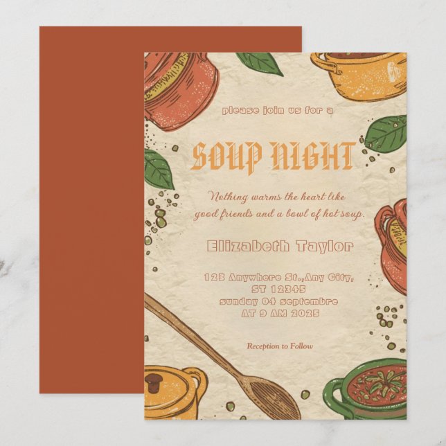 Cartes d'invitation pour une soirée de soupe (Devant / Derrière)