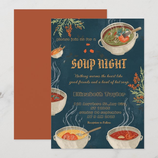 Cartes d'invitation pour une soirée soupe (Devant / Derrière)