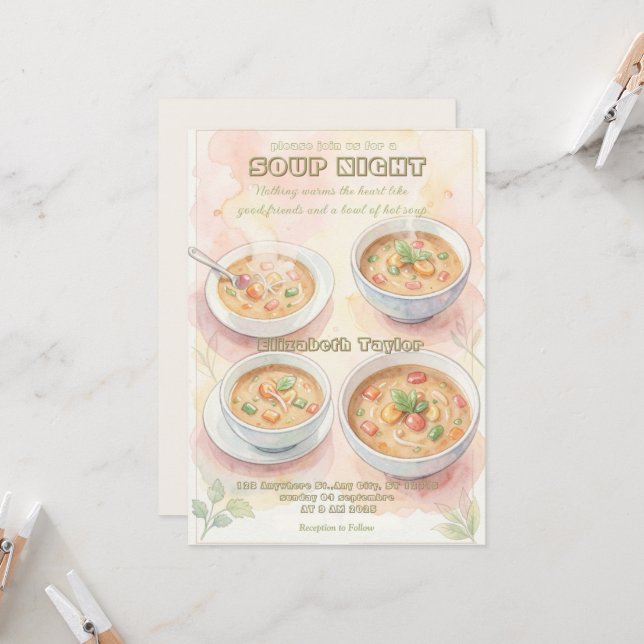 Cartes d'invitation pour une soirée soupe (Devant/Arrière en situation)