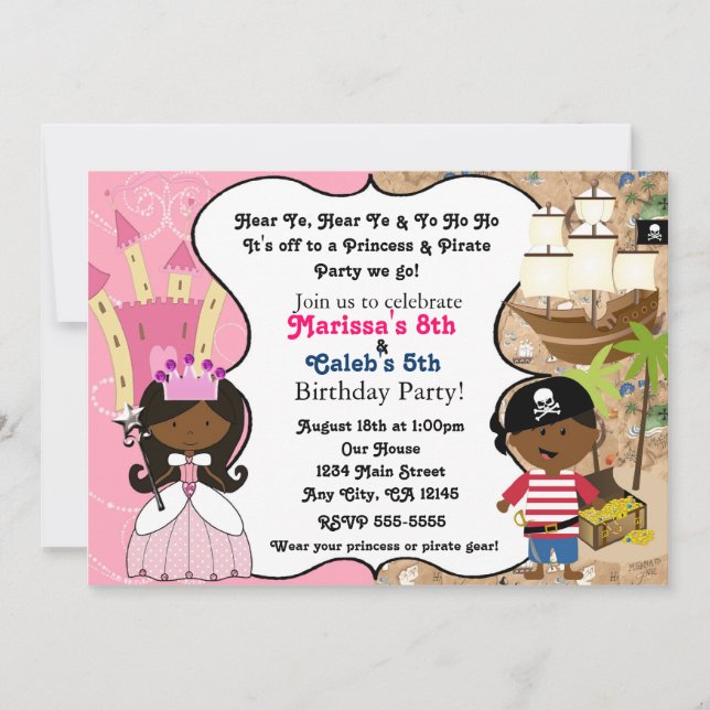Cartes d'invitation Princesse & Pirate Peau Noire  (Devant)