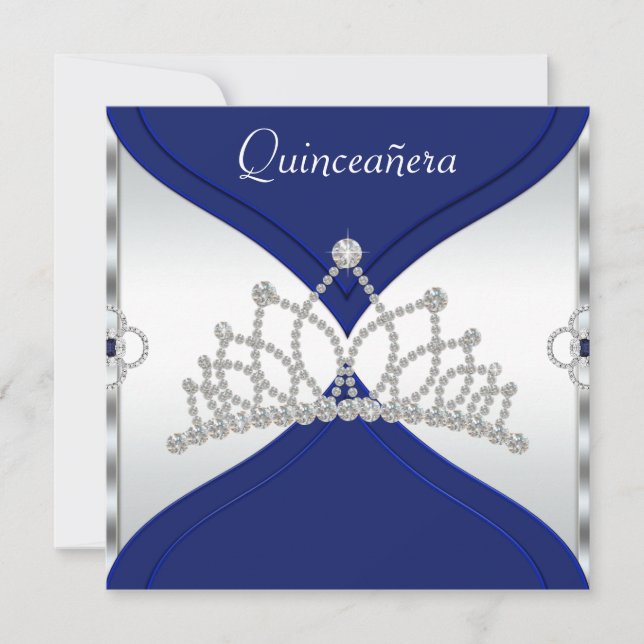 Cartes d'invitation Quinceanera blanches et bleu r (Devant)