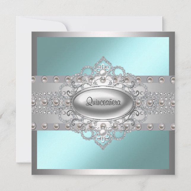 Cartes d'invitation Quinceanera Diamants Perles Bl (Devant)