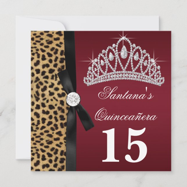 Cartes d'invitation Quinceanera Léopard Rouge Rubi (Devant)