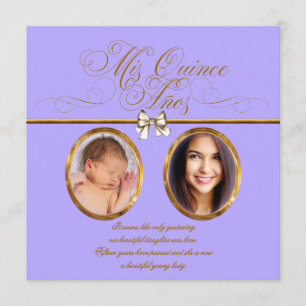 Cartes d'invitation Quinceanera photo or lavande e