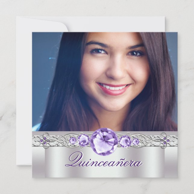 Cartes d'invitation Quinceanera Photo Violet Blanc (Devant)