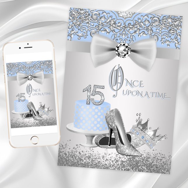 Cartes d'invitation Quinceanera Princesse Bleu Arg (Blue Silver Quinceanera Princess Invitations. Digital download and print files available.)