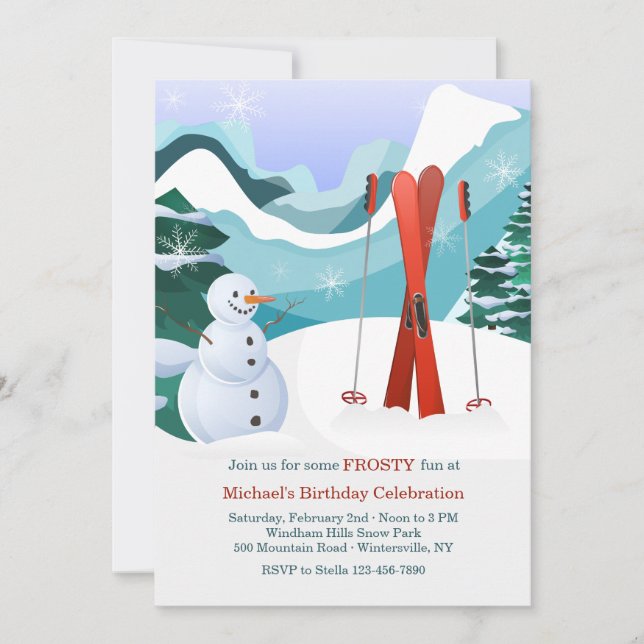 Cartes d'invitation Red Skis et Bonhomme de Neige (Devant)