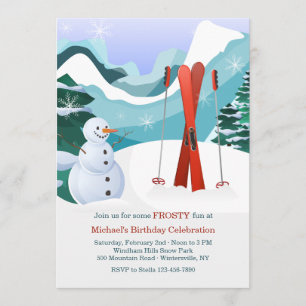 Cartes d'invitation Red Skis et Bonhomme de Neige