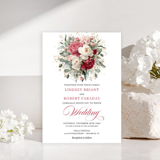 Cartes d'invitation romantiques bohèmes rouge cram (Romantic Bohemian Crimson Red White Gold Invitation)