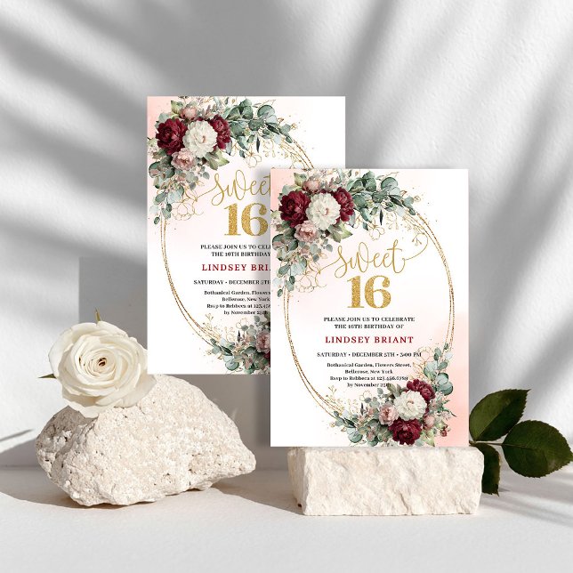 Cartes d'invitation Romantiques Bohémiens Bourguig (Romantic Bohemian Burgundy Floral Sweet 16 Invitation)