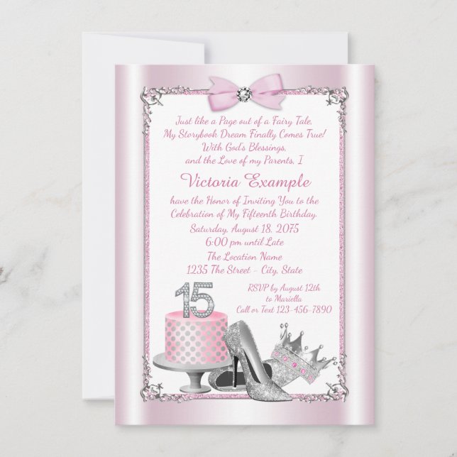 Cartes d'invitation Rose Argent pour les 15 ans de (Devant)