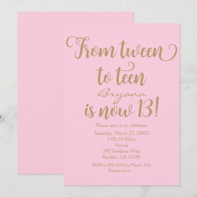 Cartes d'invitation rose et or pour l'anniversaire (Devant / Derrière)