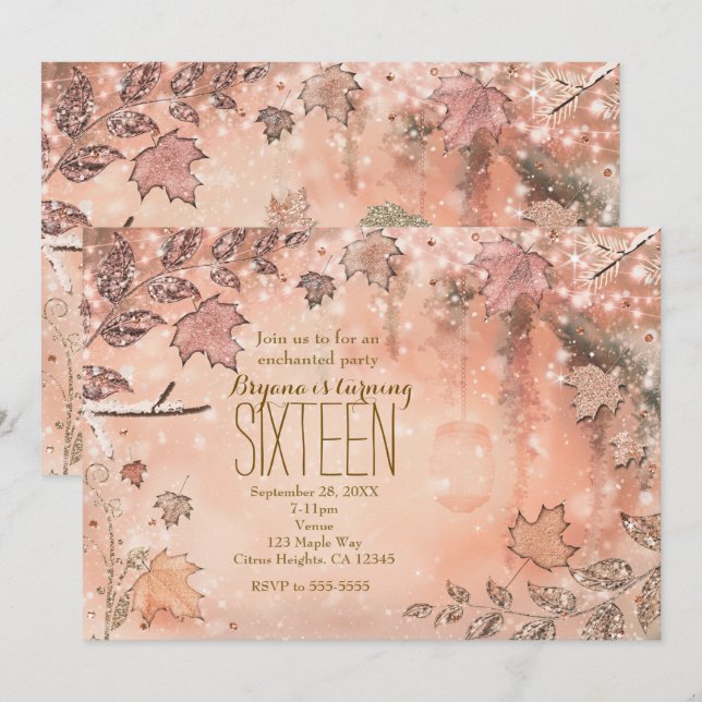 Cartes d'invitation Rose Gold Automne Feuilles Pai (Devant / Derrière)