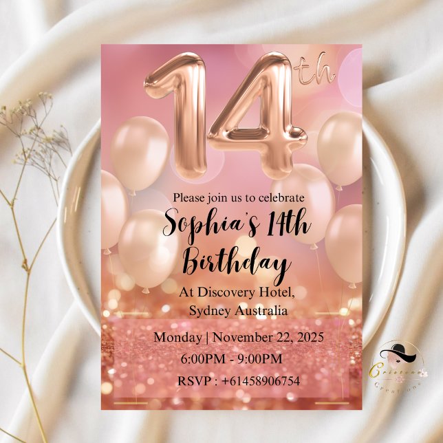 Cartes d'invitation Rose Gold Pink pour les 14 ans (Créateur téléchargé)