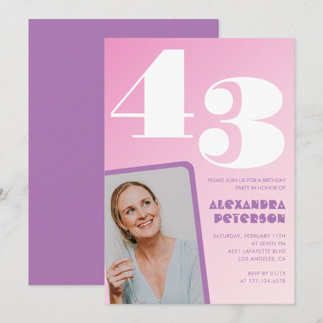 Cartes d'invitation rose groovy pour 43ème anniver (Devant / Derrière)