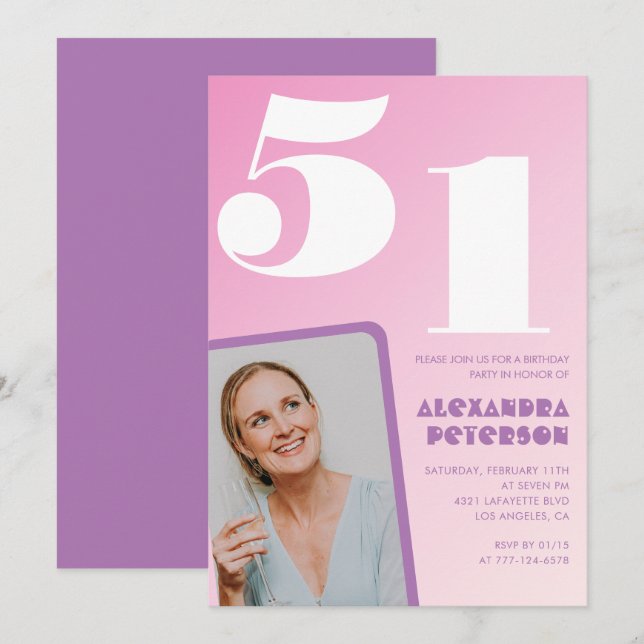 Cartes d'invitation rose groovy pour 51e anniversa (Devant / Derrière)