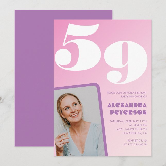 Cartes d'invitation rose Groovy pour 59e anniversa (Devant / Derrière)