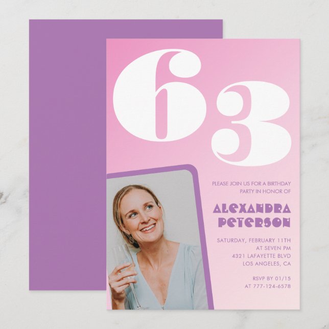 Cartes d'invitation rose Groovy pour 63ème anniver (Devant / Derrière)