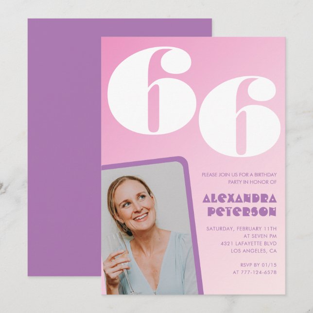 Cartes d'invitation rose Groovy pour 66e anniversa (Devant / Derrière)