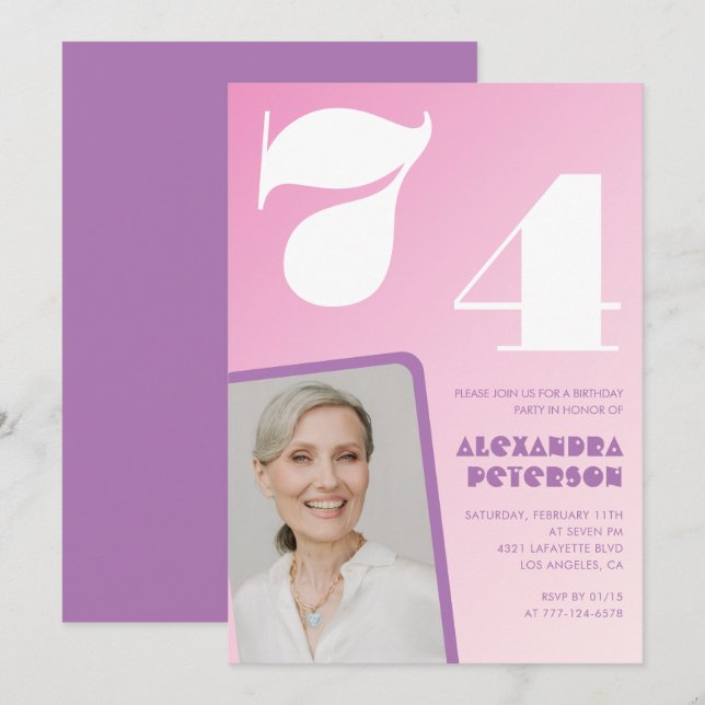Cartes d'invitation rose Groovy pour 74e anniversa (Devant / Derrière)