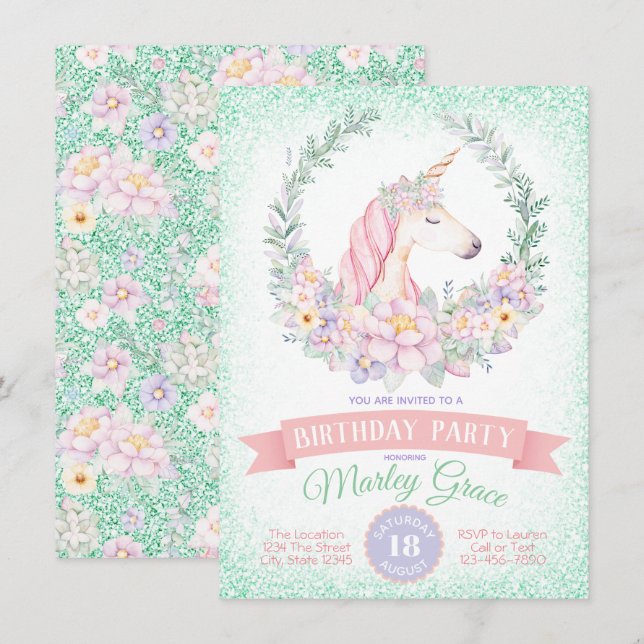 Cartes d'invitation rose menthe pour une fête d'an (Devant / Derrière)
