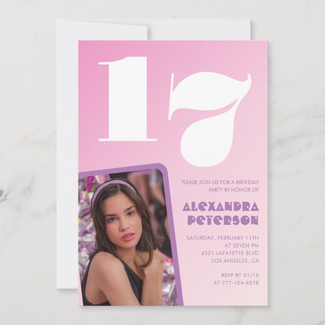 Cartes d'invitation rose pour 17e anniversaire Pho (Devant)
