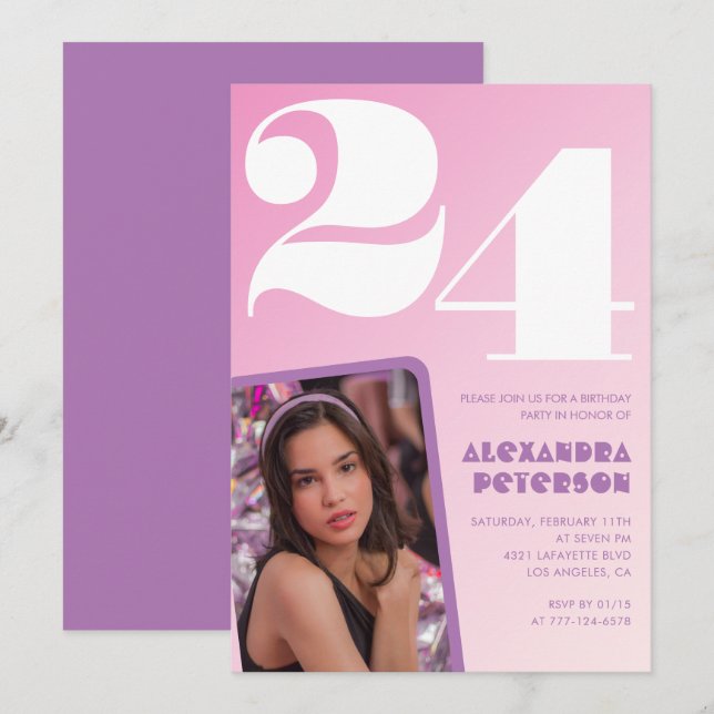 Cartes d'invitation rose pour 24ème anniversaire P (Devant / Derrière)
