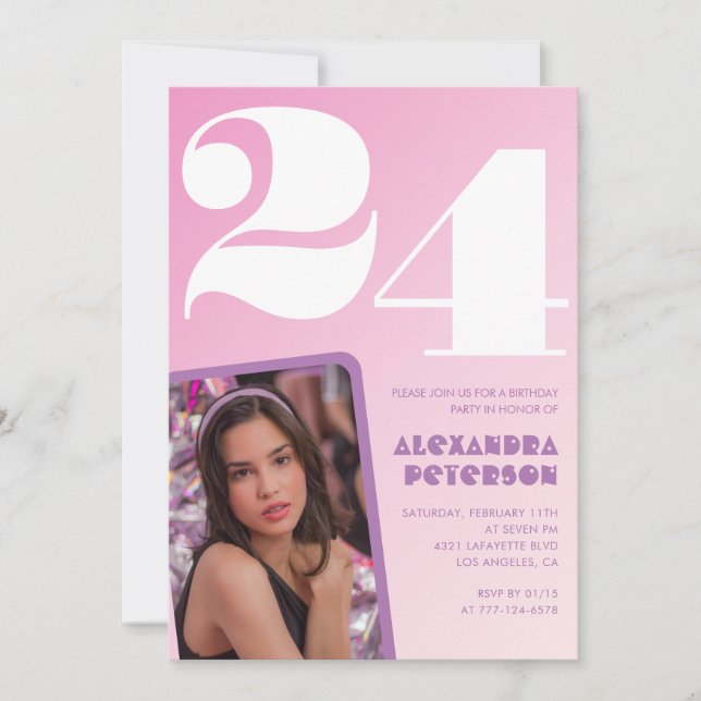 Cartes d'invitation rose pour 24ème anniversaire P (Devant)