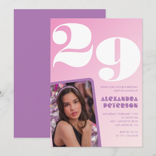 Cartes d'invitation rose pour 29e anniversaire Pho (Devant / Derrière)