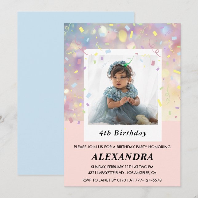 Cartes d'invitation rose pour 4ème anniversaire Ph (Devant / Derrière)