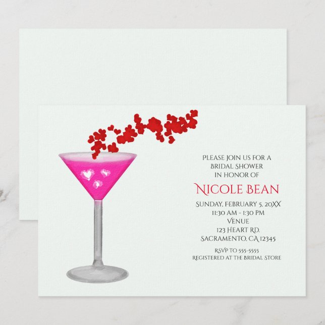 Cartes d'invitation rose pour la fête de cocktail  (Devant / Derrière)