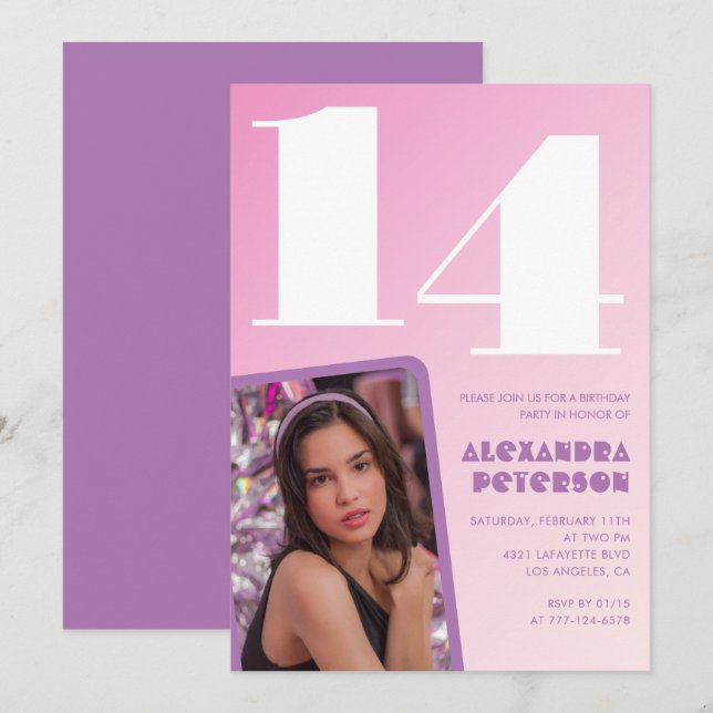 Cartes d'invitation rose pour les 14 ans Fille Pho (Devant / Derrière)