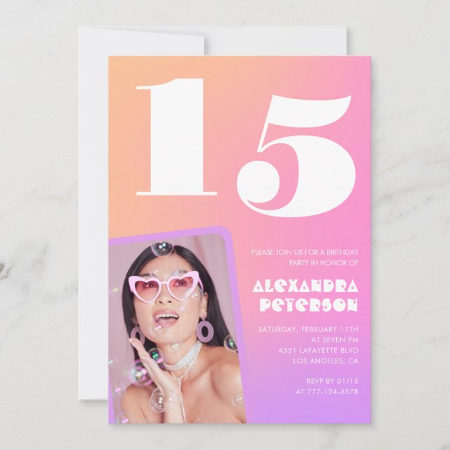 Cartes d'invitation rose pour ses 15 ans avec phot (Devant)