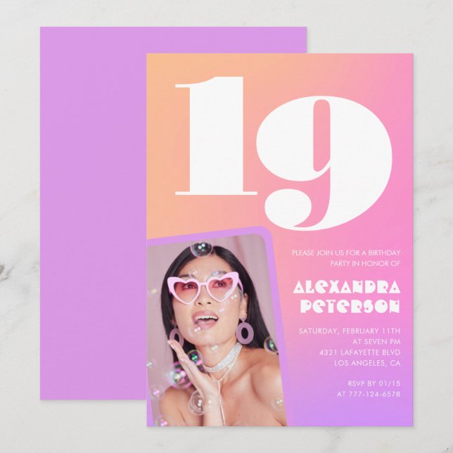 Cartes d'invitation rose pour ses 19 ans avec phot (Devant / Derrière)