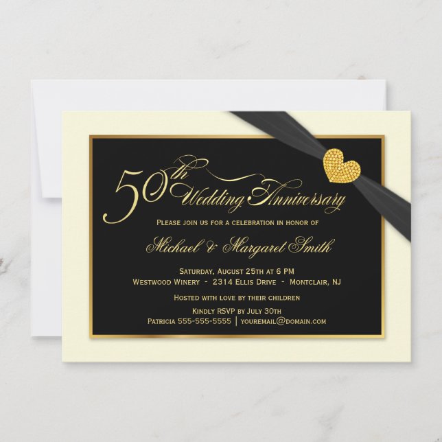 Cartes d'invitation Ruban Noir pour les 50 ans de  (Devant)