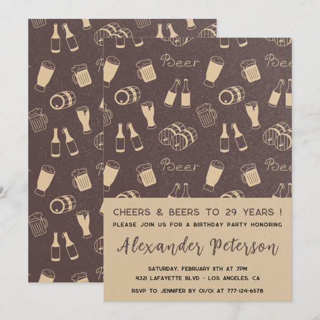 Cartes d'invitation Rustique Bière Motif 29e anniv (Devant / Derrière)