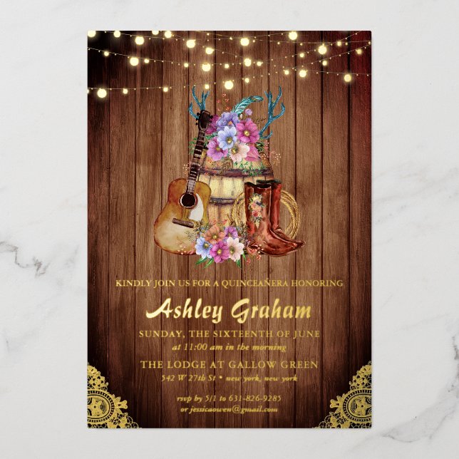 Cartes d'invitation Rustique Boots Cowgirl Quincea (Recto)