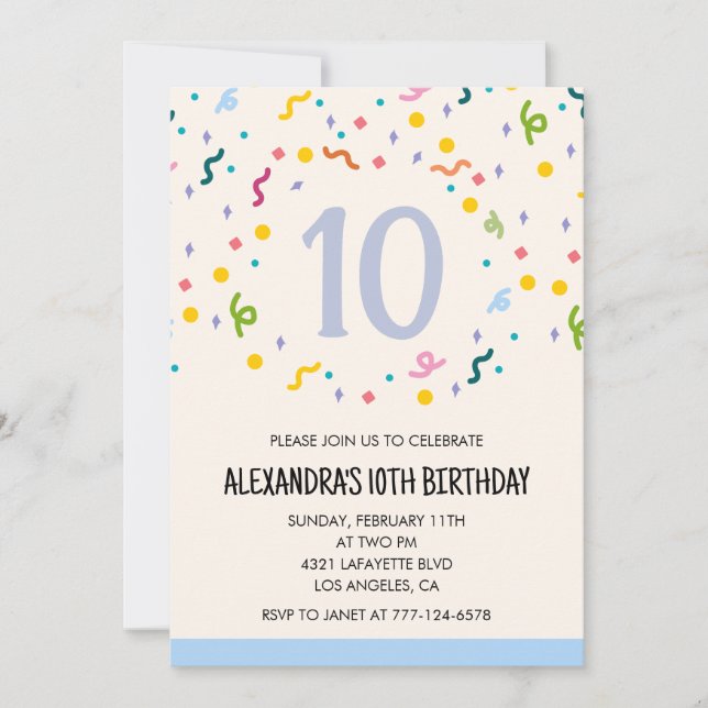 Cartes d'invitation simples pour 10 ans Confetti M (Devant)