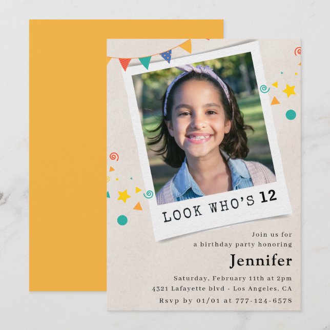 Cartes d'invitation simples pour 12 ans Fille Oran (Devant / Derrière)