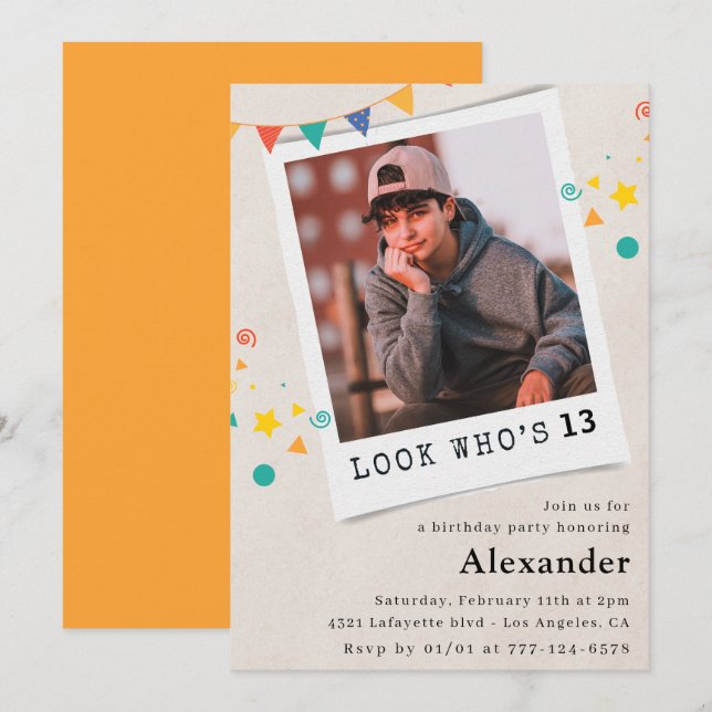 Cartes d'invitation simples pour 13 ans garçon Pho (Devant / Derrière)